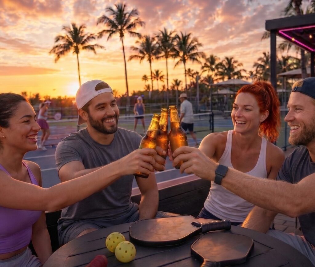 a group of pickleball players toast with beers, courtside.