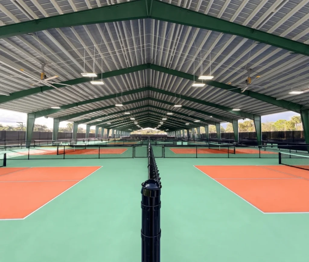 a view of covered pickleball courts.
